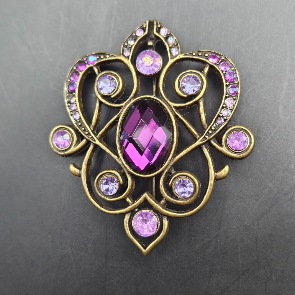 Large Brooch Purple Bronze‎ Tone Open Scroll